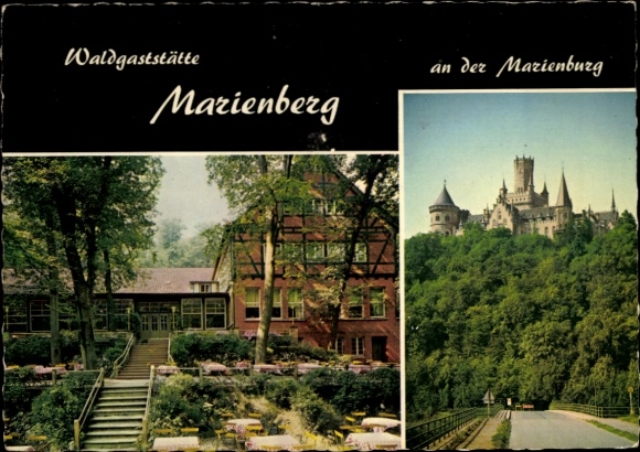Postcard Marienberg in the Ore Mountains Saxony, forest restaurant, Marienburg, beautiful garden landscape, Archit