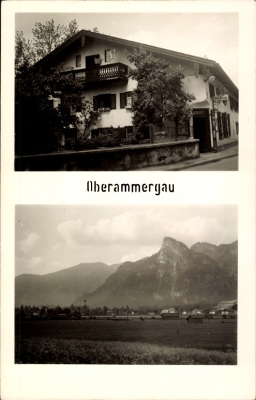 Postcard Oberammergau in Upper Bavaria, house with balcony, landscape with mountains, Location: Oberammergau
