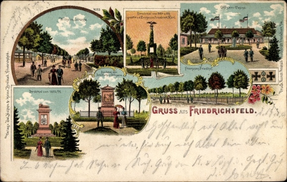 Chromo-Litho Friedrichsfeld Voerde on the Lower Rhine, war memorial, officers&#39; mess, French cemetery