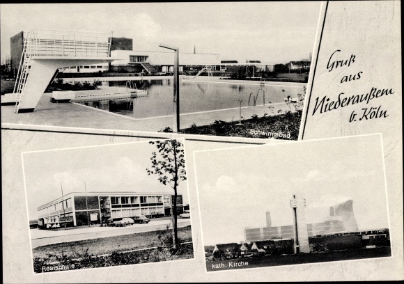 Postcard Niederaussem Bergheim in the Rhine Erft district, swimming pool, junior high school, cath. Church