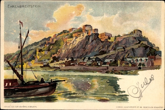 Artist Chromo-Litho Pfaff, C., Ehrenbreitstein Koblenz in Rhineland-Palatinate, view of the fortress