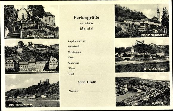 Postcard Maintal in Hesse, Engelberg Monastery, Kleinheubach Castle, Stadtprozelten Castle, Wertheim