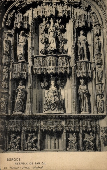 Ak Burgos Kastilien und León, Relief mit Figuren,  Retablo de San Gil, religiöse Darstellungen