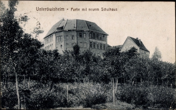 Postcard Unteröwisheim in Kraichtal Baden, part with new school building