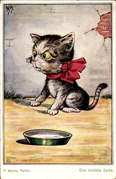 Artist Postcard Scheuermann, W., Cat, Fly, A ticklish thing