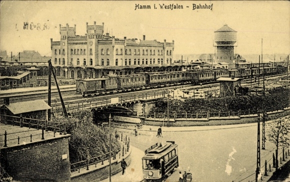 Postcard Hamm in Westphalia, train station, trains, water reservoir, historical architecture, tram