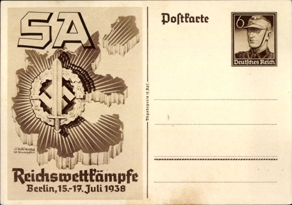 Postal stationery artist Postcard Axster Heudtlaß, SA Reichswettbewerbe Berlin 1938