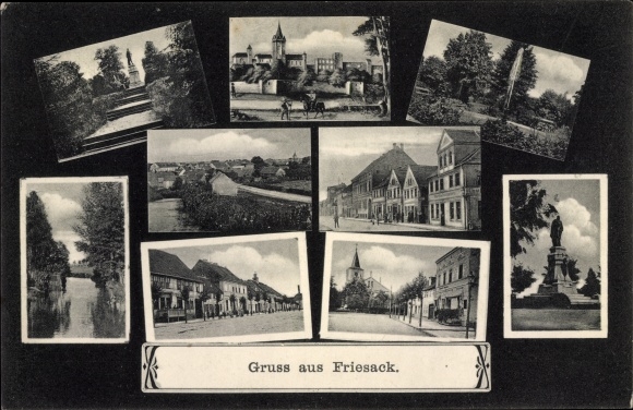 Postcard Friesack in Havelland, church, monument, shopping street, park
