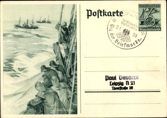 Postwaardekaart ansichtkaart Axster Heudtlaß, vissers op volle zee, vissersboten