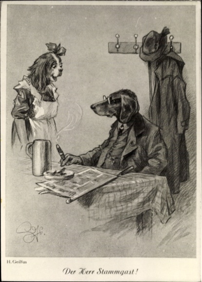 Artist Postcard Geilfus, H., Mr. Regular, Humanized Dogs, Cigar, Waitress