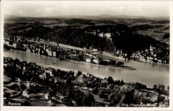 Postcard Passau in Lower Bavaria, aerial photograph