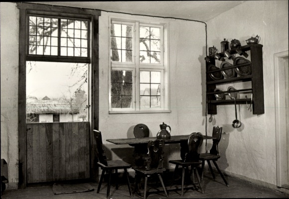 Postcard Goldberg in Mecklenburg, district local museum, dining area, old kitchen