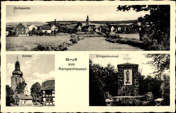 Ak Kerspenhausen in Hessen, Kriegerdenkmal, Kirche, Dorfansicht