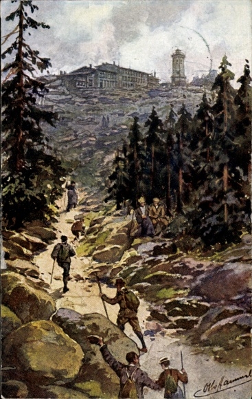 Artist Postcard Hammel, Otto, Brocken in the Harz, ascent to the Brockenhotel