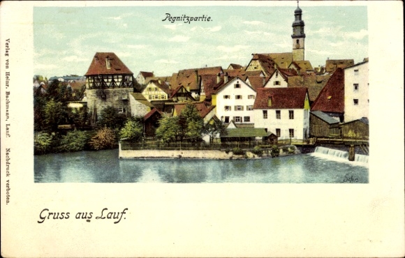 Ak Lauf an der Pegnitz in Mittelfranken Bayern, Stadtansicht, Pegnitzpartie,  Gebäude, Wasserlauf