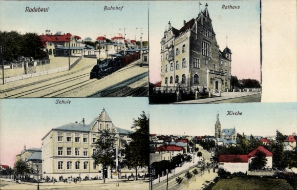 Ak Radebeul in Sachsen, Bahnhof, Rathaus, Schule, Kirche