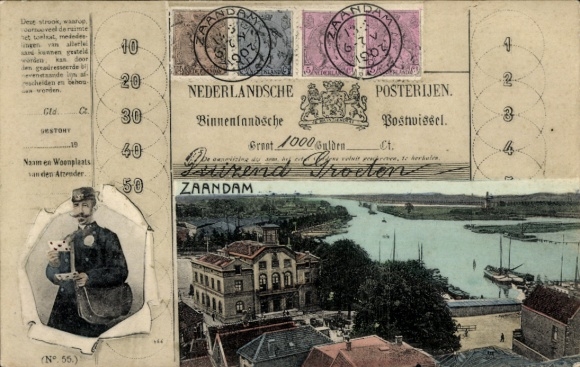 Briefmarken Passepartout Ak Zaandam Zaanstad Nordholland, Teilansicht, Briefträger