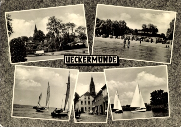 KP Ueckermünde na Pomorzu Zachodnim, widoki miasta, żaglówki, plaża, wieża kościoła