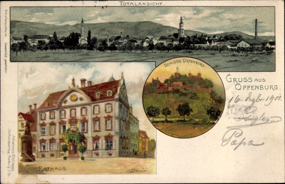 Artist Chromo-Litho Münch, C., Offenburg in the Black Forest, Ortenberg Castle, town hall, total view