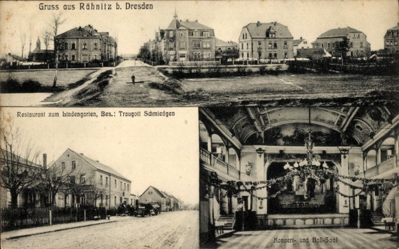 Ak Dresden Rähnitz, straatgedeelte, restaurant Lindengarten, concertzaal, eigenaar Traugott Schmiedgen
