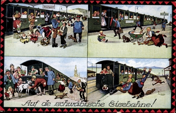 Ak Partie am Bahnsteig, Auf die schwäbische Eisenbahne, Reisende