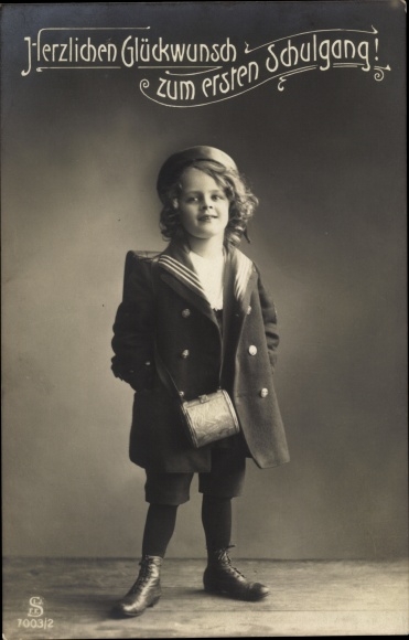 Postcard congratulations on starting school, child with school bag