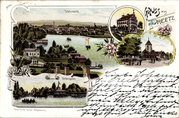 Chromo-Litho Preetz in Holstein, panorama, Drillersgarten, church