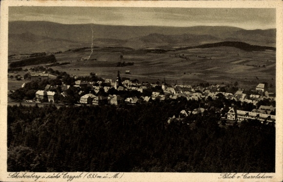 Ak Scheibenberg im Erzgebirge Sachsen, Blick auf Ortschaft vom Carolaturm