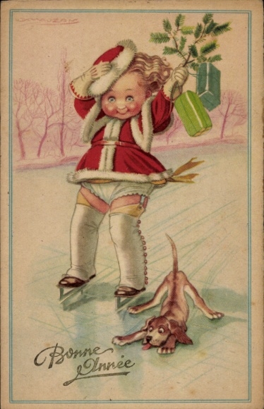 Kunstenaar litho Gelukkig nieuwjaar, meisje op schaatsen, hond