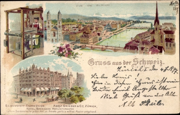 Chromo-Litho Zurich city Switzerland, general view, Seidenstoff Fabrik Union Adolf Grieder