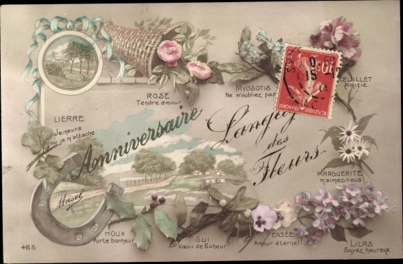 Postcard Flower Language, Rose, Myosotis, Lilac, Daisy, Pansy, Holly, Ivy
