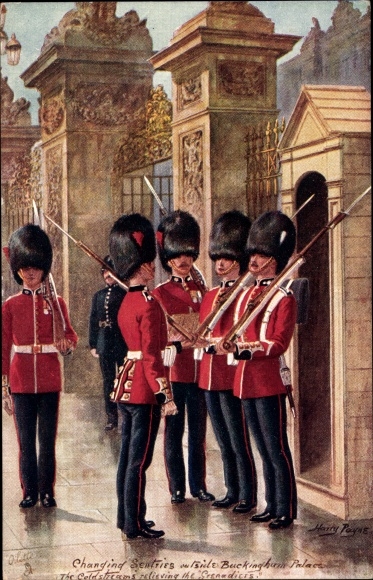 Artist Postcard Payne, Harry, Coldstream Guards changing Sentries outside Buckingham Palace, Tuck