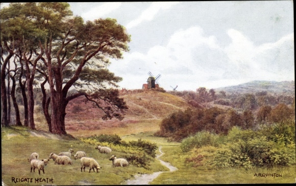 Artist PC Quinton, Reigate Heath Surrey England, Panorama, Windmill, Sheep