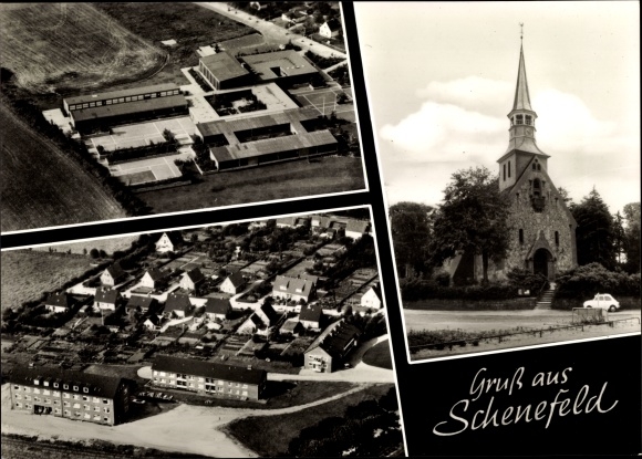 Ak Schenefeld wijk Rendsburg, luchtfoto&#39;s van de site, kerk