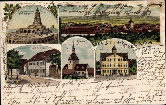 litho Tilleda Kelbra in de wijk Mansfeld Südharz, Kyffhäuser, winkel*, kerk, villa