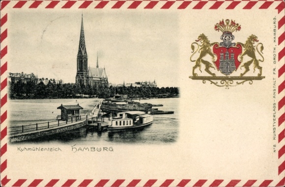 Embossed coat of arms Postcard Hamburg Nord Hohenfelde, Kuhmühlenteich, church, pier