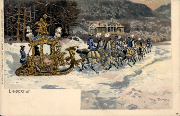 Kunstenaar litho Bergen, F., Linderhof Ettal Opper-Beieren, sleeploeg, koninklijke koets