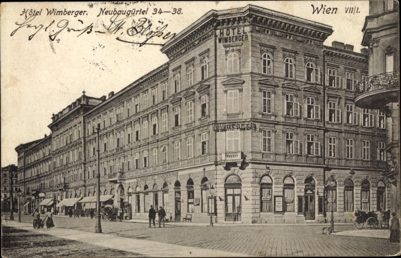 Postcard Vienna 7. New building Austria, Hotel Wimberger, Neubauguertel 34 - 38