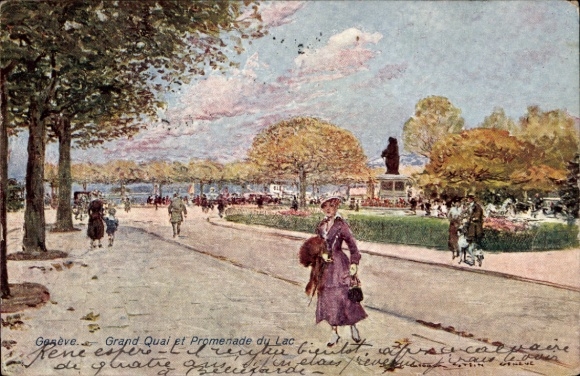 Ak Genève Genf Schweiz,  Grand Quai, Promenade du Lac, Menschen, Statue