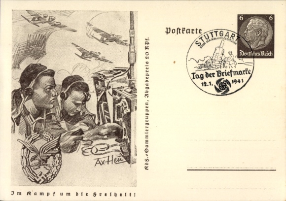 Postal stationery artist Postcard Axster Heudtlaß, In the fight for freedom, radio operator of the Wehrmacht