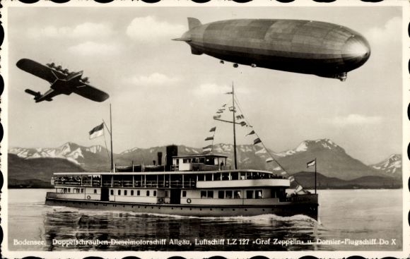 Postcard Bodensee, twin-screw diesel motor ship Allgäu, LZ 127 Graf Zeppelin, Dornier airship Do X