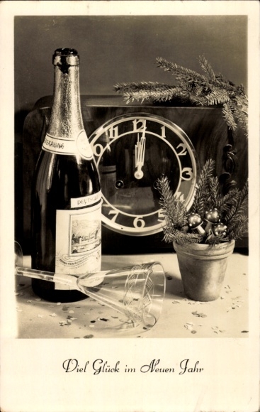 Ak Glückwunsch Neujahr, Sektflasche, Uhr, Tannenzweige