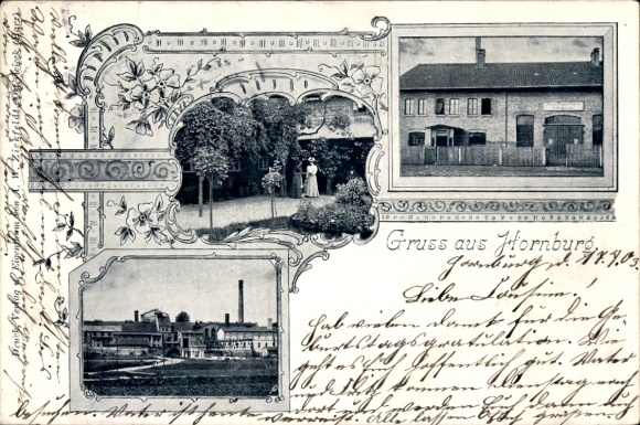 Ak Hornburg Mansfelder Land , Historisches Gebäude, Fabrikansicht, zwei Personen im Vorgarten