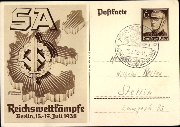 Postal stationery artist PC Axster Heudtlass, SA Reich competitions Berlin 1938