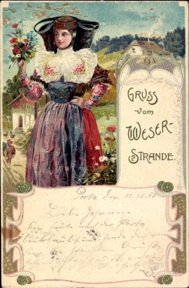 Embossed Chromo-Litho Greetings from the Weser beach, woman in traditional costume, bouquet of flowers