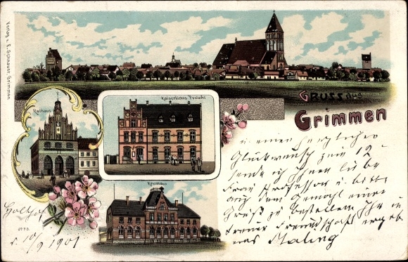 litho Grimmen in Mecklenburg-Vorpommern, stadhuis, rijkspostkantoor, districtsgebouw
