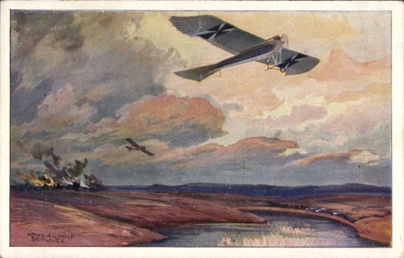 Artist Postcard Schulze, Hans Rudolf, Military pigeon on reconnaissance flight near the Masurian Lakes, I. WK