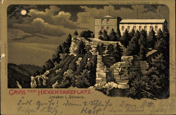 Moonlight Chromo-Litho Thale in the Harz Mountains, Hotel on the Hexentanzplatz, owner L. Schmid, moonlight