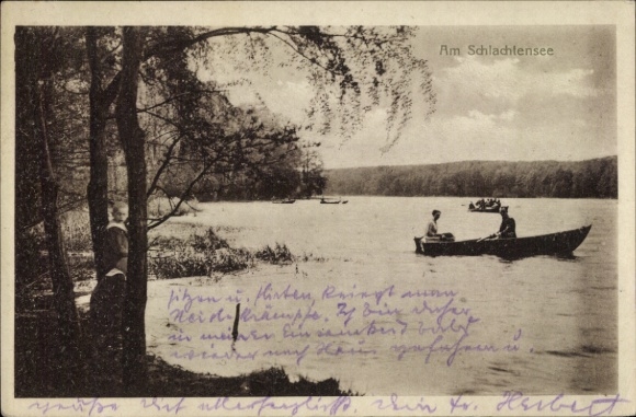 Postcard Berlin Zehlendorf, Schlachtensee, Boats on the water, Trees, Nature