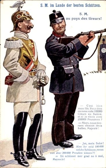 Postcard Lande der Schützen, Kaiser Wilhelm II of Prussia, Bavarian soldier